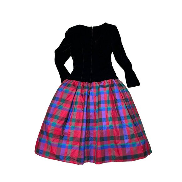 Vintage AJ Bari Womens Velvet Taffeta 1980s Holiday Dress Size 6 Red Plaid Class - Picture 2 of 8